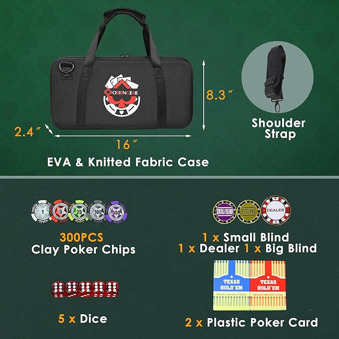 ORIENGEAR Poker Chip Set with Denominations, 14 Gram Clay Composite Casino Chips with ABS Case & 2 Decks of Playing Plastic Cards, for Texas Holdem Blackjack Gambling Games (300PCS Portable)