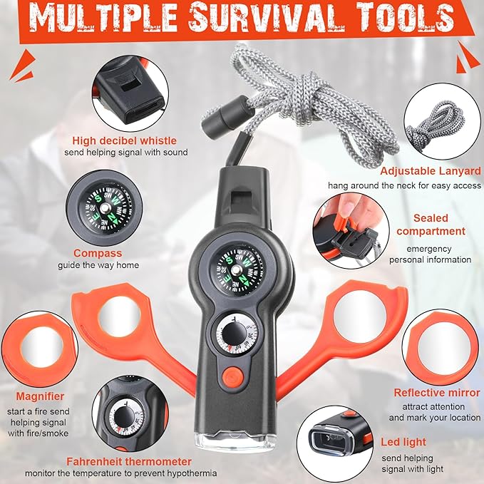12 Pack Emergency Survival Function Whistle 7-in-1 Compass Hiking Survival Safety Whistle with Lanyard Outdoor Multifunctional Tool Ideal for Hiking Camping Rescue Signaling