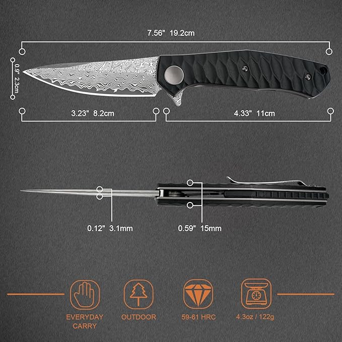 AUBEY Damascus Pocket Knife for Men with Clip EDC, 3.23" VG10 Core Damascus Steel Blade Folding Knife with Black Aluminum Handle, Sharp Camping Knife