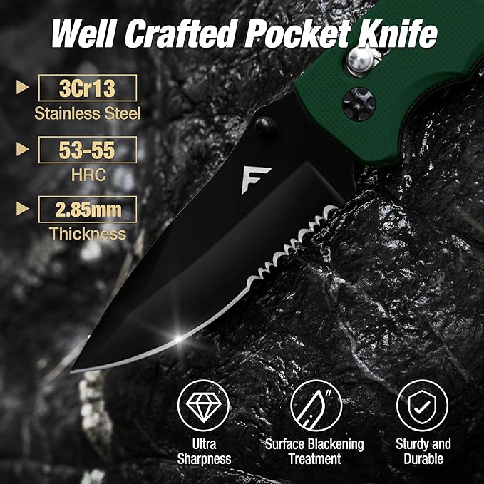 FLISSA Folding Pocket Knife with Clip, Glass Breaker and Seatbelt Cutter, Survival Knife for Emergency Rescue Situations, EDC Knife for Tactical, Hunting, Camping, Outdoor, Unique Gifts for Dad, Father-Green
