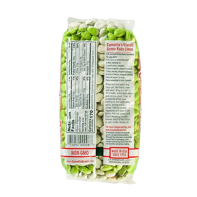 Camellia Brand Dried Green Baby Lima Beans ??Premium Tender Southern Lima Beans for Succotash, Soups, Stews, Casseroles, and Salads ??Non-GMO, Gluten-Free, High Protein & Fiber, Vegetarian Friendly, 1 Pound (Pack of 12)