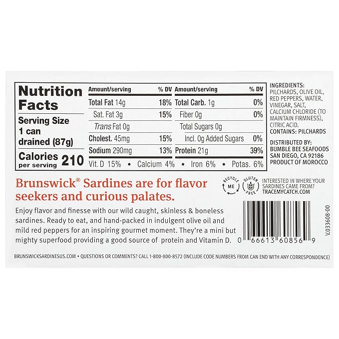 Brunswick Wild Caught Skinless and Boneless Sardines, Served in Olive Oil with Mild Red Peppers, 4.4 Oz (Pack of 12)