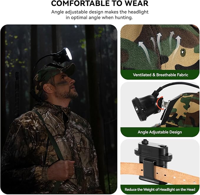 10W LED Coon Hunting Lights for Predator Coyote Hog, 55000 LUX Super Bright Hunting Headlamp Rechargeable, IPX5 Waterproof White Light & Red/Green Optical Filters, 5 Position Switch Soft Cap
