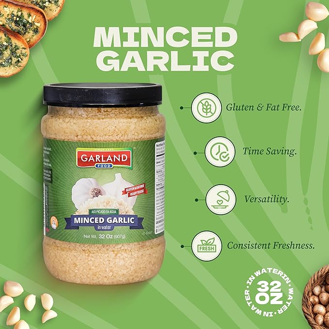 Garland Food Minced Garlic in Water 32 oz ??Made in the USA - Minced Garlic in Jar for Fresh Flavor, Time-Saving Prep, and Versatile Uses in Every Dish