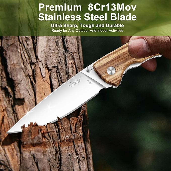 Vickay Pocket Knife for Men, Folding Knife with Clip, 3.74" 8Cr13MoV Steel Blade, Wood Handle EDC Knife for Outdoor Camping,Tactical, Hunting and Fishing Gift (Zebrawood)