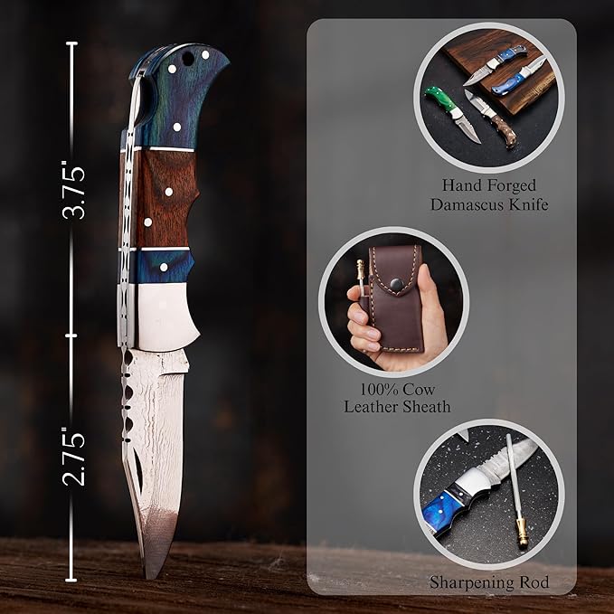 Personalized Folding Knife, Damascus Olive Blue Pocket Knife, Engraved Gift for Husband, Son, Brother, Dad, Groomsman, Folding Knife for Anniversary, Birthday, Father’s Day, Christmas Gift