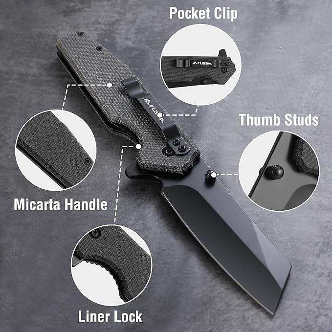 FLISSA Pocket Knife, 3.5" Folding Stonewash Blade Tactical Knife, Micarta Handle, for Outdoor, Survival, Hunting and Camping, Great Gifts for Dad