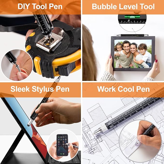 VIBELITE Gifts for Dad, Magnetic Pickup Tool and 6 in 1 Multitool Pen with Touch Screen Stylus, Rulers, Bubble Level, Flathead, Phillips Screwdriver, Ballpoint Pen, Gifts for Men, 2 Pack