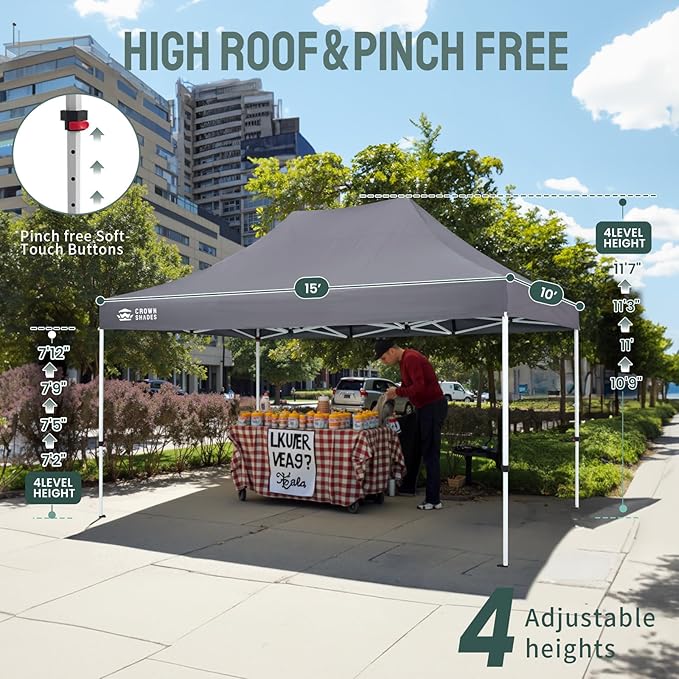 CROWN SHADES 10x15 Pop Up Canopy Tent, Thicken Frame Commercial Heavy Duty Tent, 8 Stakes & 4 Sandbags & 4 Ropes, Outdoor Canopies for Events, Parties,Grey