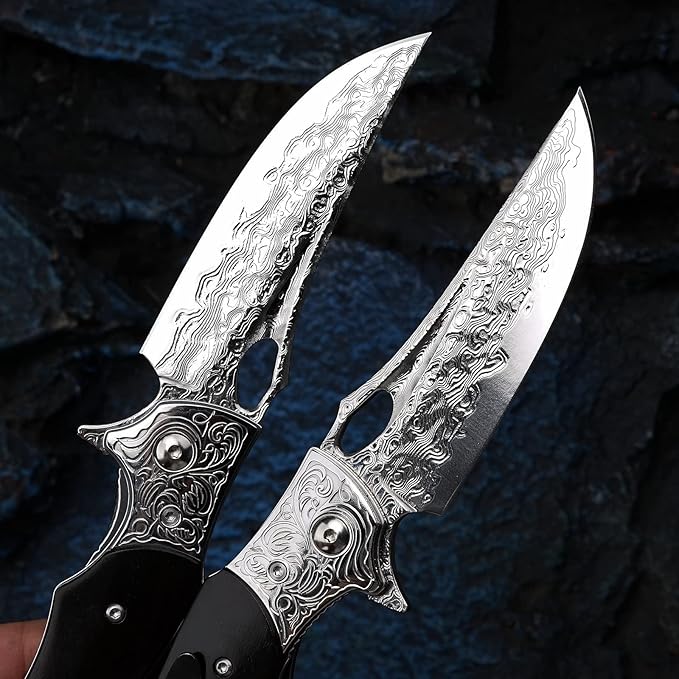 3.5 inch Japanese VG10 Damascus Steel Outdoor Folding Knife with Black Wood Handle, Lined Lock, EDC & Camping Use