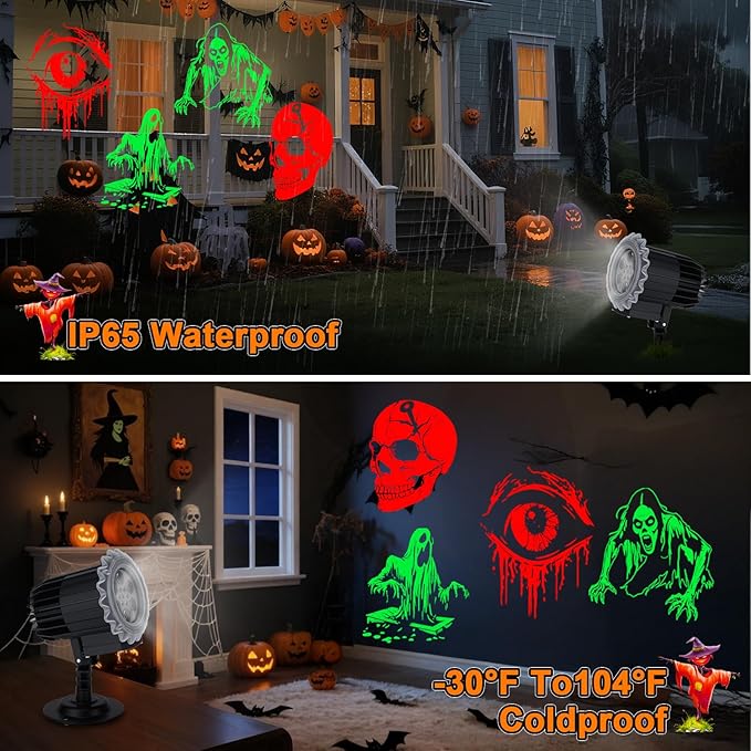 Brighter Halloween Decorations Projector Lights Outdoor, Display 4 Dynamic HD Patterns at a Time(Skulls, Zombies, Ghost, Eyes), Holiday Projector Light for Yard, Patio, Garden, Party Decor