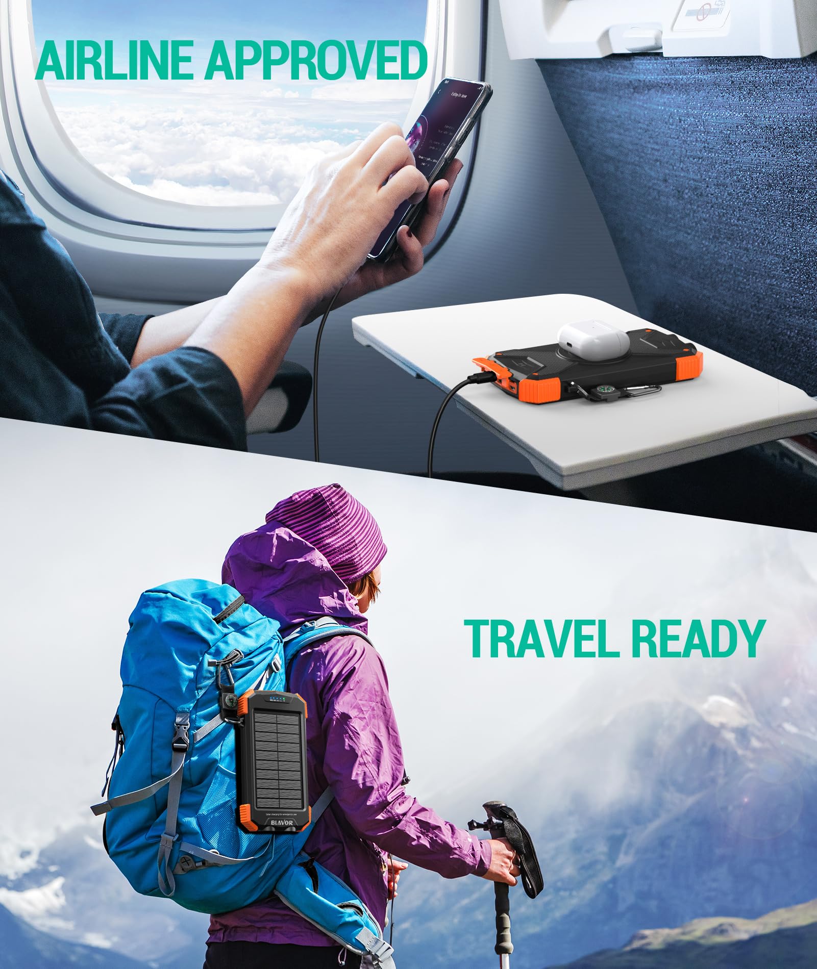 BLAVOR Solar Power Bank 10,000mAh, Portable Wireless Charger, 20W Fast Charging External Battery