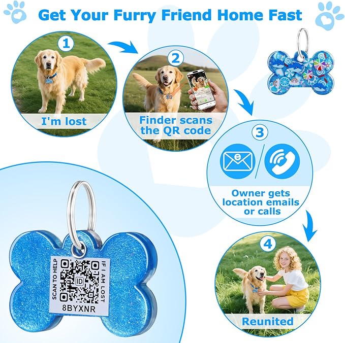 Resin Dog Tags Personalized for Pets with QR Code, Silent Online Editable Pet ID Tags for Medium to Large Breeds Dogs Cats, Scan Alerts & Send Location, No App No Subscription Fee, Hand Made (1.5*1")