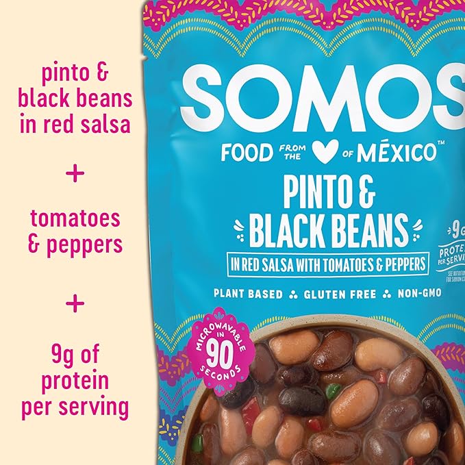 SOMOS Pinto & Black Beans - Gluten Free, Non-GMO, Vegan Ready-to-Eat Microwavable Meals - Delicious, Healthy & Plant Based Convenience - Perfect for Quick, Healthy Dining |10oz Pouch (Pack of 6)