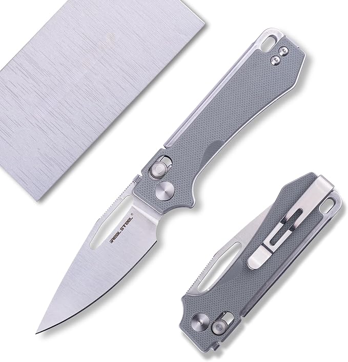 REALSTEEL VIS Pocket Knife, Folding Knife, Crossbar Lock, 2.72" Small 12C27 Steel Satin Plain Blade, Thumb Hole, G10 Handle, 1.94oz, Pocket Clip, Versatile Outdoor Indoor EDC Knife, Gifts for Men Women Camping Hiking Fishing Climbing (Gray G10/Satin)