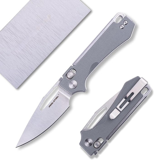 REALSTEEL VIS Pocket Knife, Folding Knife, Crossbar Lock, 2.72" Small 12C27 Steel Satin Plain Blade, Thumb Hole, G10 Handle, 1.94oz, Pocket Clip, Versatile Outdoor Indoor EDC Knife, Gifts for Men Women Camping Hiking Fishing Climbing (Gray G10/Satin)