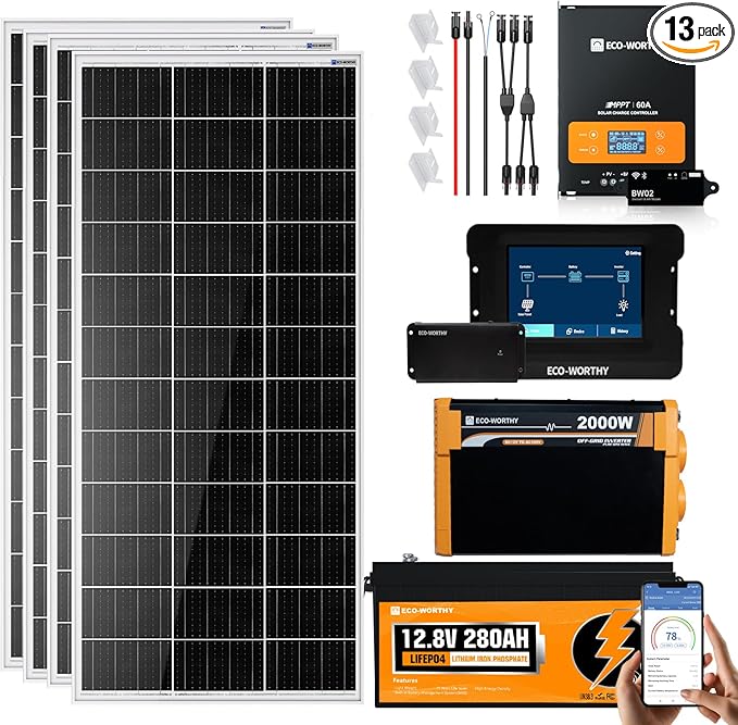 ECO-WORTHY 800W 12V 3.5KWH Off Grid Solar System with Power Monitoring Hub For Travel Trailer:4PCS 195W Solar Panel+12.8V 280Ah Lithium Battery+60A MPPT Charge Controller+2000W Pure Sine Wave Inverter