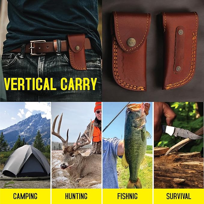 6.5 inch Damascus Pocket Knife with Sheath, Handmade Folding Pocket Knife for Men, Black-Red Wooden Handle with Brass Bolster, Secure Lock Back Camping Knife for EDC,Hunting,Hiking (Yellow)