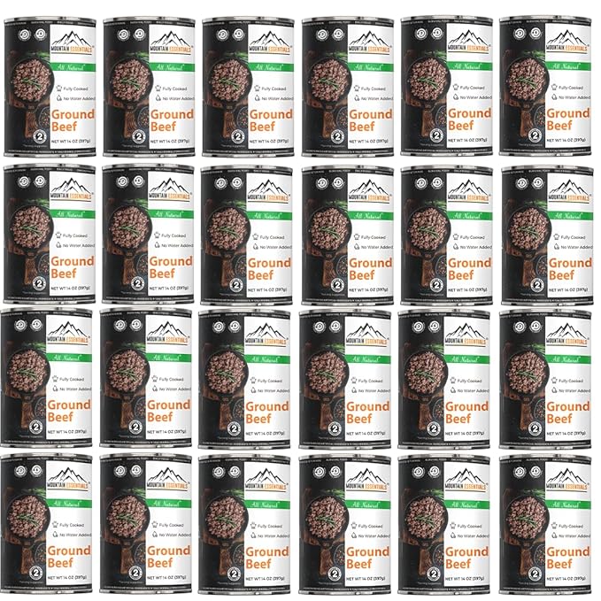 MOUNTAIN ESSENTIALS Ground Beef 14 Oz Fully Cooked Ready to Eat Hamburger Meat Emergency Survival Bulk Food Storage Canned Meat Perfect for Quick Meals 5 Years Shelf Life Made in USA Pack of 24