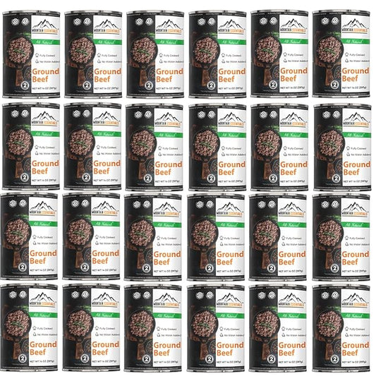 MOUNTAIN ESSENTIALS Ground Beef 14 Oz Fully Cooked Ready to Eat Hamburger Meat Emergency Survival Bulk Food Storage Canned Meat Perfect for Quick Meals 5 Years Shelf Life Made in USA Pack of 24
