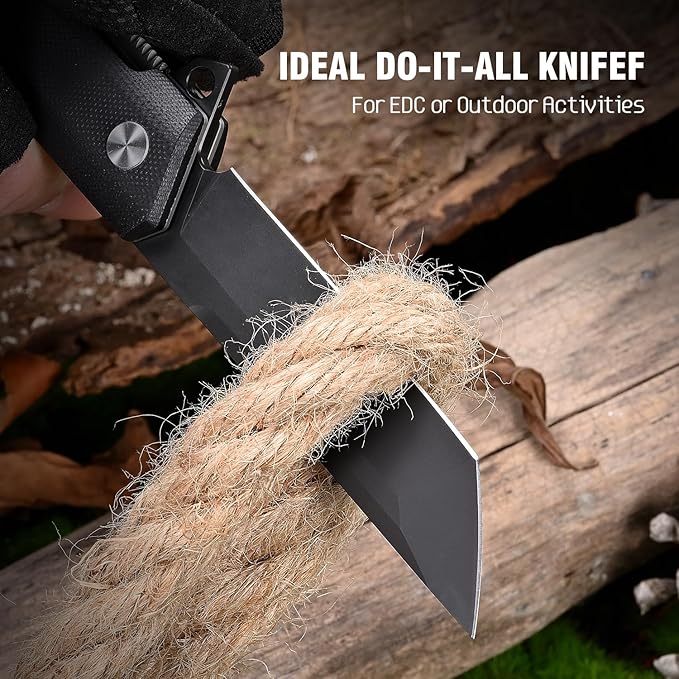 Folding Pocket Knife with D2 Steel Blade, G10 Handle, Black, EDC Knife, Pocket Clip for Camping