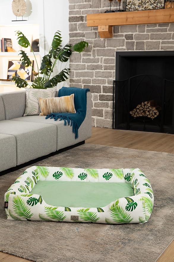 Furry's Paradise Foam Cuddler Waterproof Bolster Pet Bed with Reversible Cushion, Recycled Fibers and Non-Slip Bottom. (in The Tropics, Orthopedic Small)