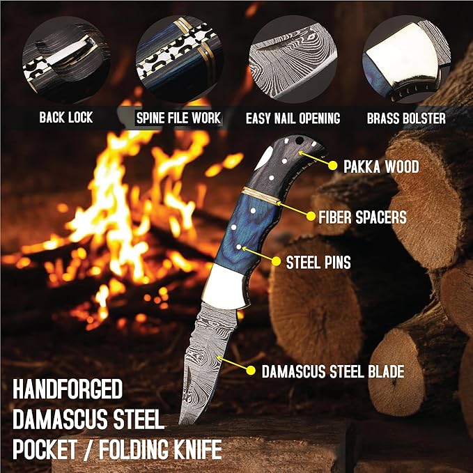 6.5 inch Damascus Pocket Knife with Sheath, Handmade Folding Pocket Knife for Men, Black-Red Wooden Handle with Brass Bolster, Secure Lock Back Camping Knife for EDC,Hunting,Hiking (Blue)