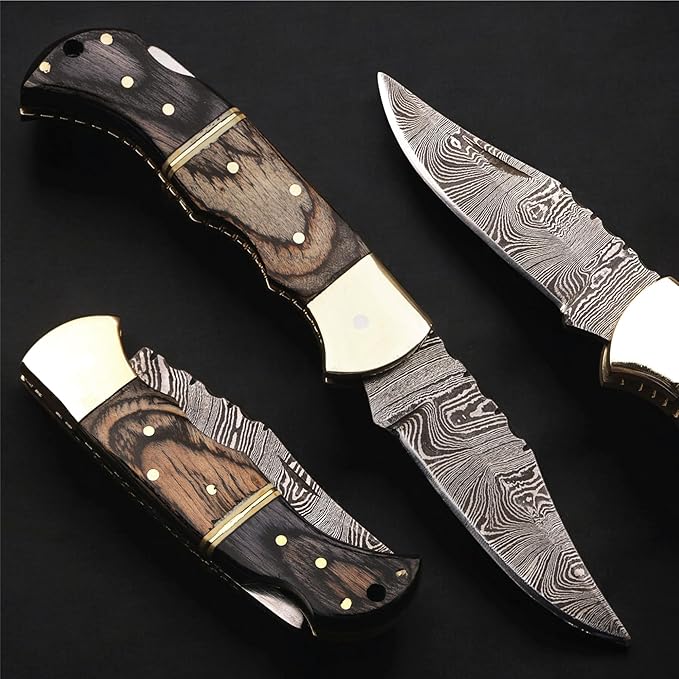 6.5 inch Damascus Pocket Knife with Sheath, Handmade Folding Pocket Knife for Men, Black-Red Wooden Handle with Brass Bolster, Secure Lock Back Camping Knife for EDC,Hunting,Hiking (Brown)