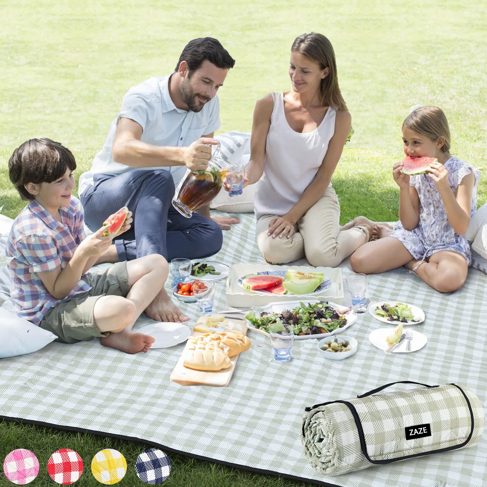 ZAZE Extra Large Picnic Outdoor Blanket, 80''x80'' Waterproof Foldable Blankets Gingham Picnic Mat