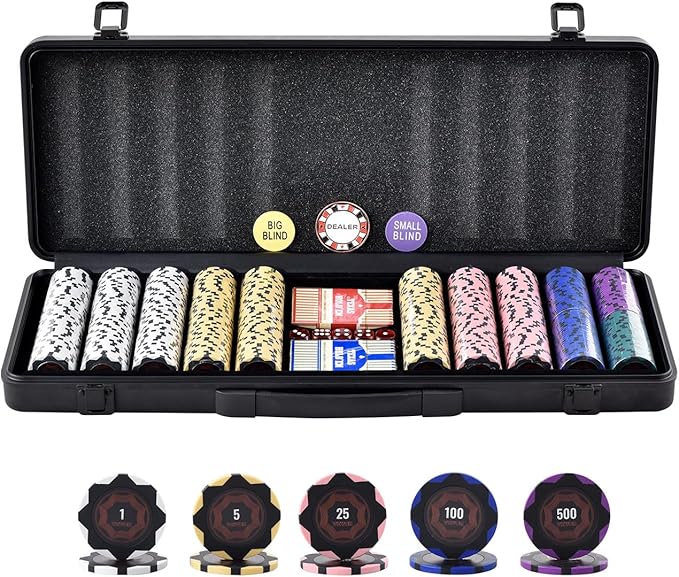 VEVOR Poker Chip Set, 500-Piece Poker Set, Complete Poker Playing Game Set with Carrying Case, Heavyweight 14 Gram Casino Clay Chips, Cards, Buttons and Dices, for Texas Hold'em, Blackjack, Gambling