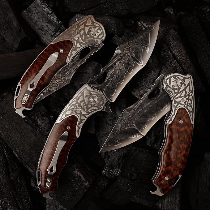 handmade damascus steel pocket folding knife, Snakewood handle with pocket clip and leather case, camping, climbing, fishing, EDC pocket knife