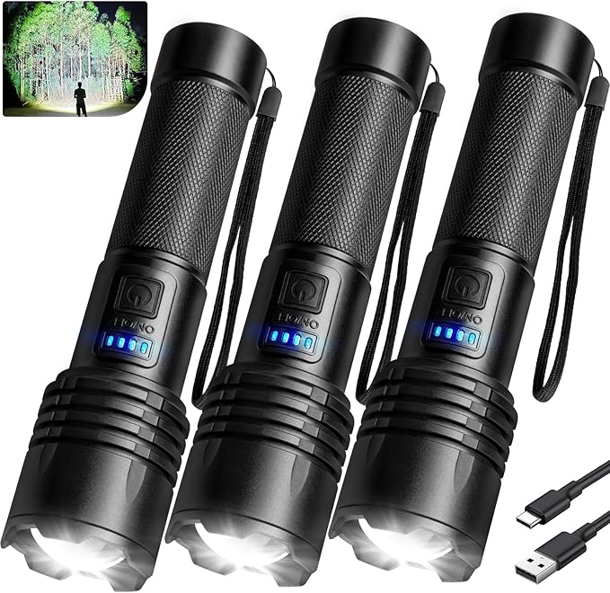 3 Pack Rechargeable Flashlights High Lumens, 90,000 Lumen Super Bright Led Flashlight with Adjustable 3 Modes & Power Display, Brightest Handheld Waterproof Flash Lights for Home Camping Hiking