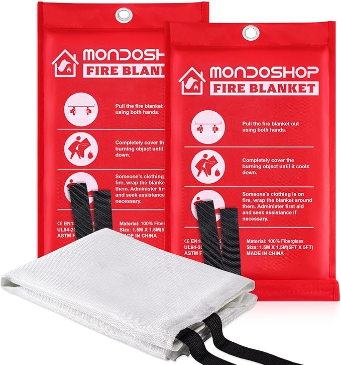 Mondoshop Fire Blanket Emergency for Home and Kitchen - 2 Pack 60"x60" Fire Blankets Fire Resistant Blanket for Camping, Grill, Car, Office, Warehouse, School, Picnic, Garages, Workshops