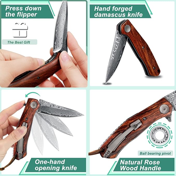 Benkey Damascus Folding Knife with Clip Leather Sheath Camping Knife EDC, Sharp Damascus Pocket Knife Handmade with Liner Lock and Wood Handle for Outdoor Survival Hunting Collection
