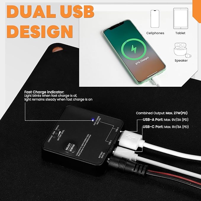 FieryRed 10W 12V Solar Battery Trickle Charger Maintainer, Solar Panel Charging Kits for Car Automotive Boat Trailer with Dual USB Fast Charging, Cigarette Lighter Plug & Alligator Clip