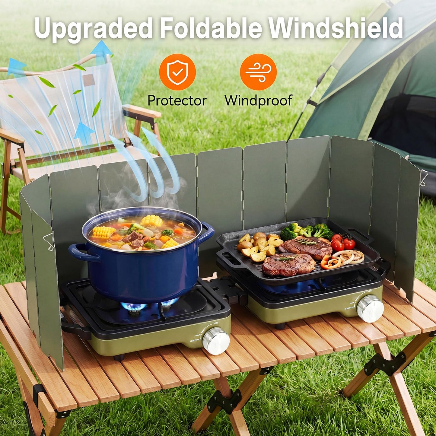 2-Burner Portable Propane Camping Stove with Windshield, 30000 BTU Foldable Gas Stove with