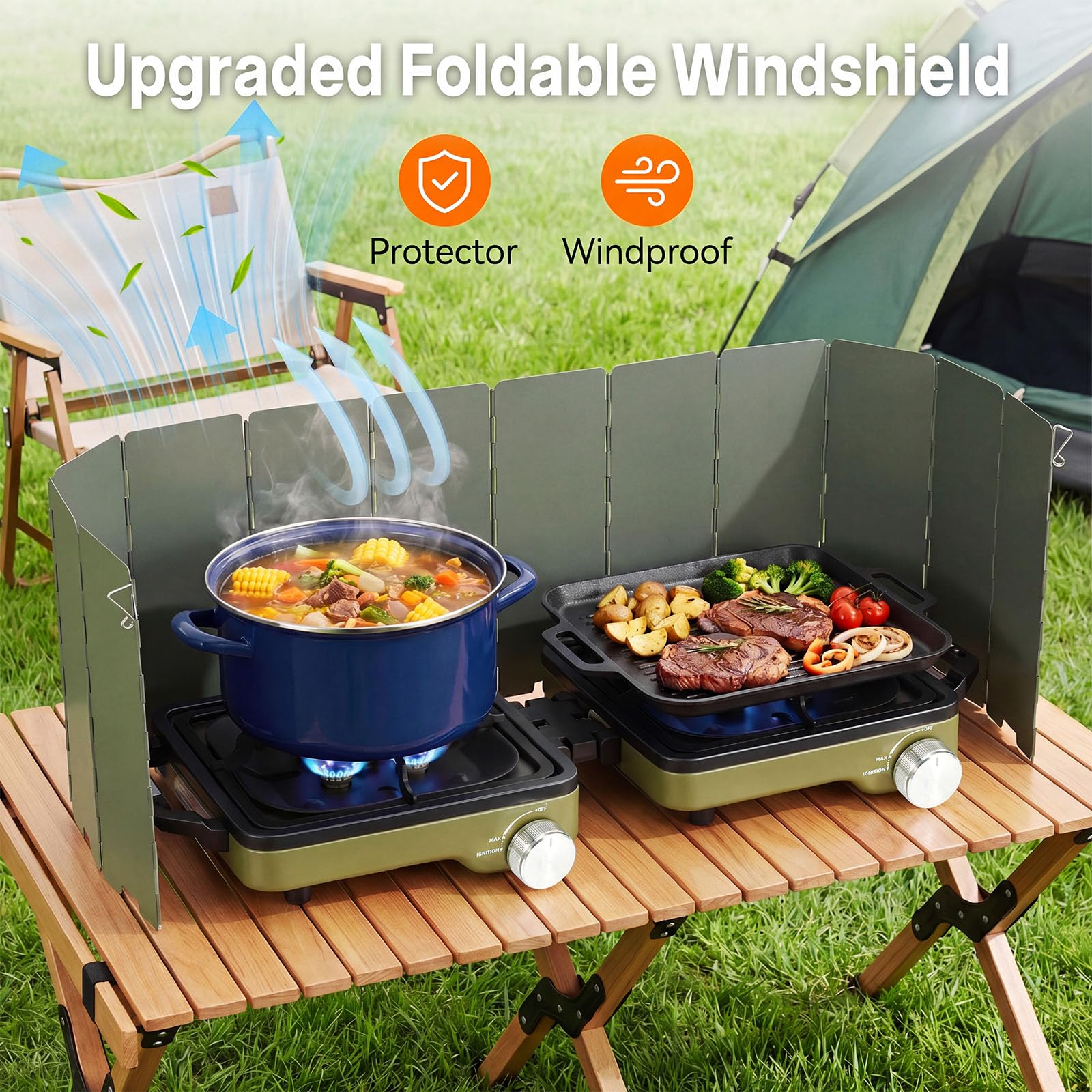 2-Burner Portable Propane Camping Stove with Windshield, 30000 BTU Foldable Gas Stove with