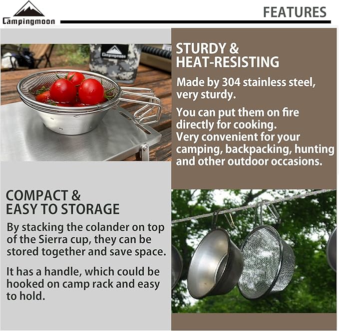 CAMPINGMOON 2pcs Set Stainless Steel Camping Sierra Cup 310ml with 1pc Colander S-220-2P/S-213