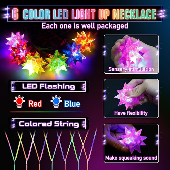 48PCS Flashing Crystal Star Necklaces, Glow Necklaces Bulk Light up Party Favors, LED Glow in The Dark Party Favors for Kids Adults Birthday Glow Party Rave Halloween Goodie Bags Filler