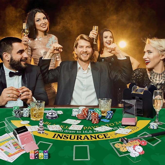 5 in 1 Super Casino Game Set: Blackjack/Texas Hold'em/Roulette/Craps/Poker Kit, 10" Wooden Roulette Wheel, Carrying Case with 360 Plastic Chips, 6 Deck Shuffler, 2 Double-Sided Rubber Mat And More