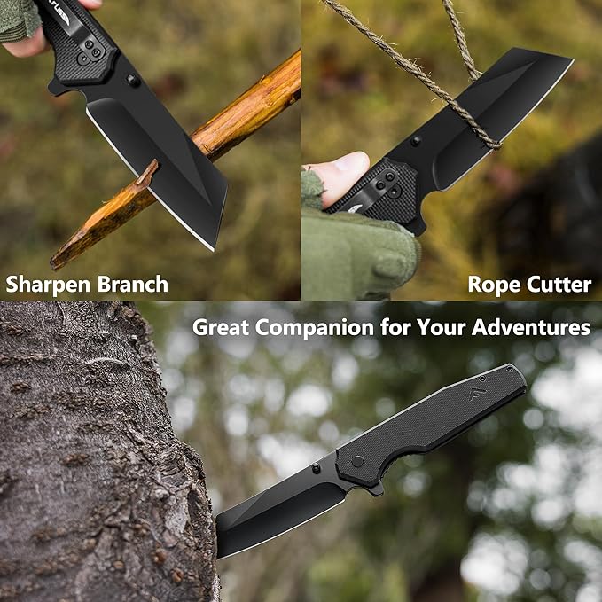 FLISSA Folding Knife, 4-3/4" Reverse Tanto Folding Pocket Knife, Black Stonewash Blade, G10 Handle, for Hunting, Survival, Camping and Outdoor Activities, Great Gifts for Dad, Husband, Friend