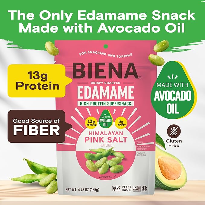 Biena Crispy Roasted Edamame Beans Snack ??High Protein Snack for Adults & Kids, 12g-13g Protein per Serving - Made with Avocado Oil ??Vegan, Low Carb, Gluten-Free ??3-Pack 4.75oz, Himalayan Pink Salt