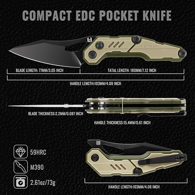 Hightron Spectron Folding Knife, 3.05" M390 Steel Blade and Nylon Fiber Handle, EDC Knives with Pocket Clip for Men Women Sharp Hiking Camping Survival Knife Khaki&Green