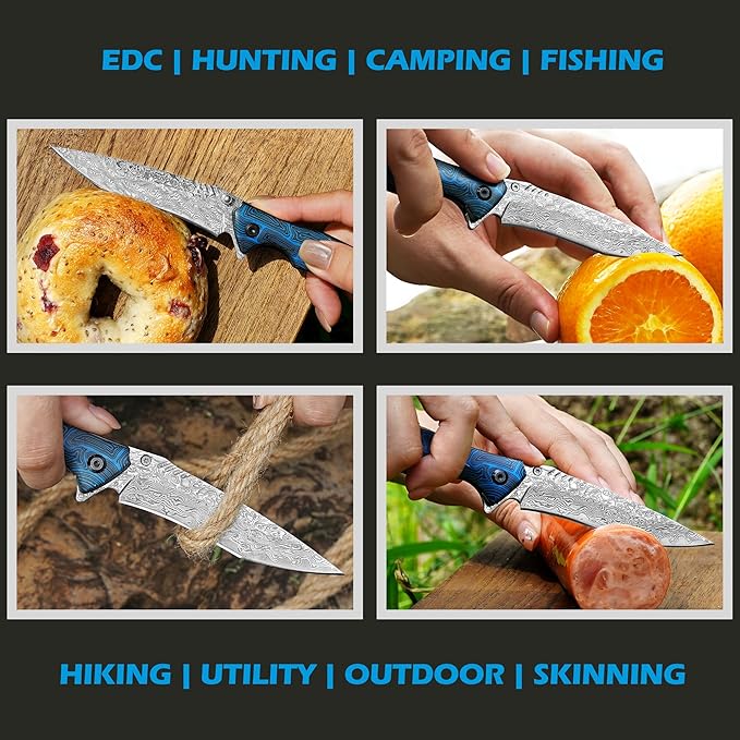 YOUSUNLONG Folding Knife - Hammered Damascus Steel Blade - Blue Damascus texture G10 Cover