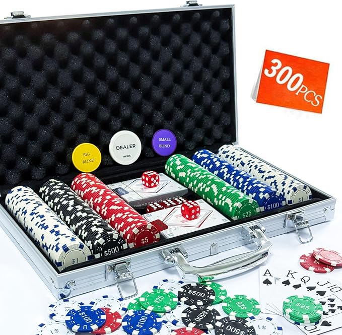 Poker Set with Denominations, 300-pcs 11.5g Weighted Numbered Chips, 5 Dice, 2 Decks with Compact Aluminum Case for Texas Hold'em, Blackjack, Age 8 and Plus