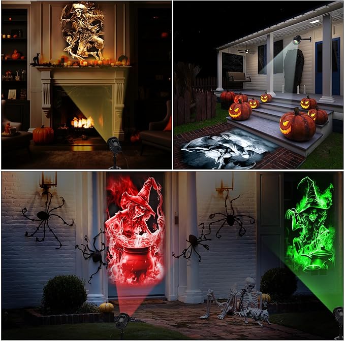 12 in 1 Halloween Projector Lights Outdoor 2025 Upgrade 3D Dynamic Window Indoor Decorations Skull Ghost Bats Witch Scary HD Patterns, 4 Colors, with Remote for Holiday House Garden Decor(Halloween)