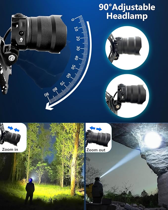 Headlamp Rechargeable -120000LM Super Bright HeadLamp, 3Modes 40H Runtime LED Headlamp, Waterproof HeadLights for Forehead, 90° Adjustable & Zoomable Headlamps for Adults Camping Hiking Fishing
