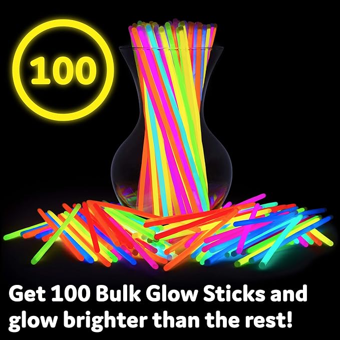 PartySticks Ultra Bright Glow Sticks Bulk Party Supplies 100 Pack - 8" Glow in the Dark Light Up Halloween Party Favors, Glow Decorations, Neon Party Necklaces and Bracelets with Connectors
