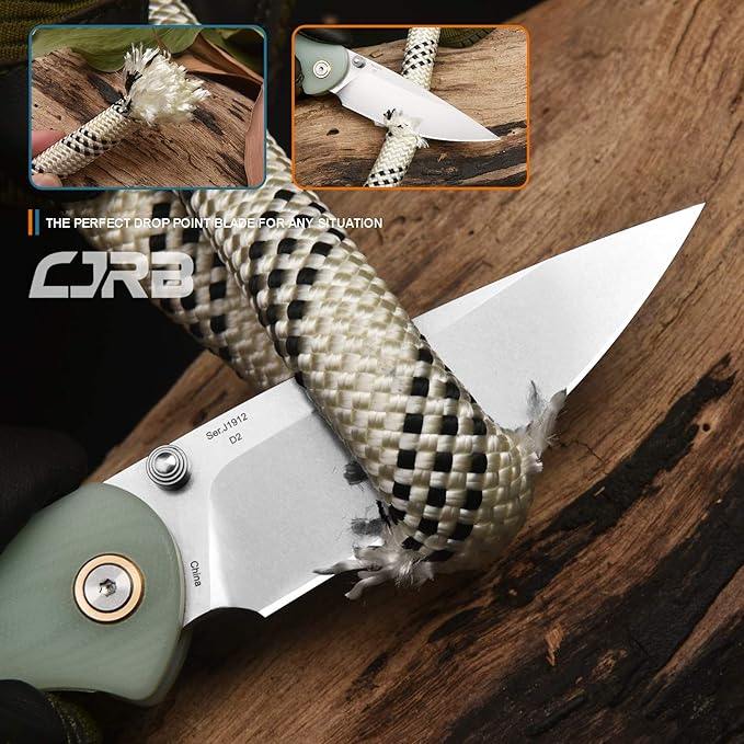 CJRB CUTLERY Folding Knife Feldspar Pocket Knife Stonewash D2 Steel Blade G10 Handle EDC Knife Green (J1912)