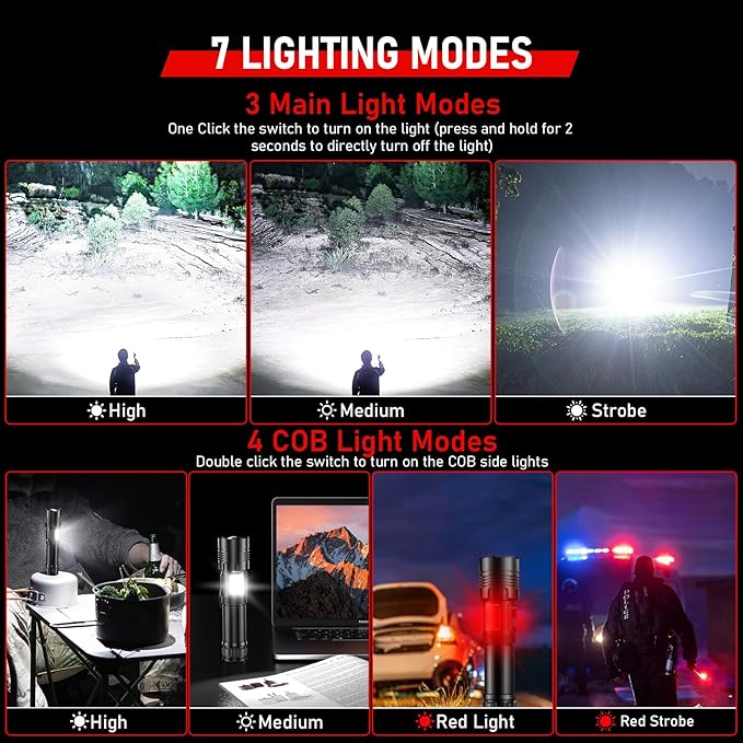 Shadowhawk Rechargeable Flashlights High Lumens, 2000LM XHM90.2 30W LED Flash Light with COB Light, 7 Modes Super Bright Flashlight Battery Powered, Handheld Powerful Flashlight for Home, Emergency